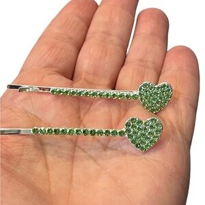 Green Heart Crystal Rhinestone Silver Hair Clips approx 2.5”